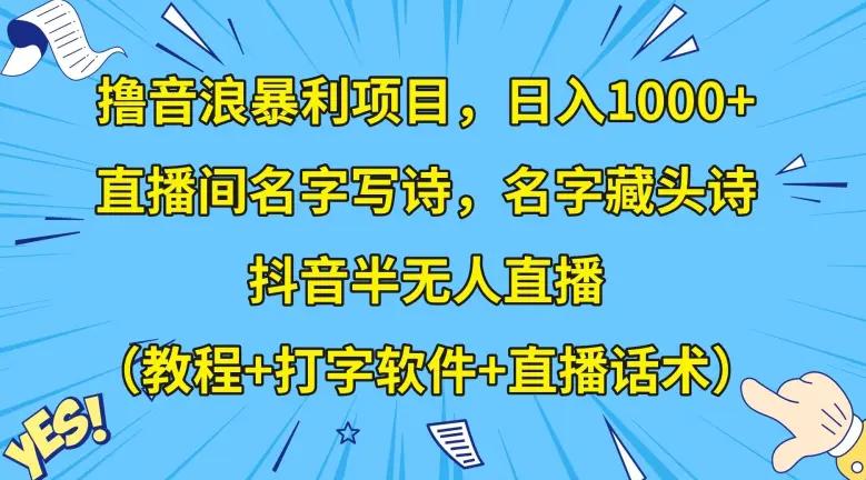 撸音浪暴利项目，日入1000+，直播间名字写诗，名字藏头诗，抖音半无人直播（教程+打字软件+直播话术）【揭秘】